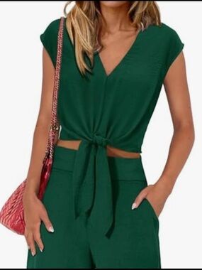 Prettygarden NEW Green Tie-Front Cap Sleeve Crop Top Forest Green Sz Small